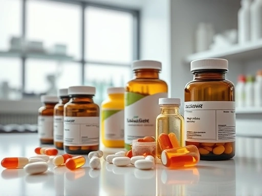실내 조명 아래 실험실 탁자에서 알약과 캡슐이 든 다양한 보충제 병을 보여주는 이미지