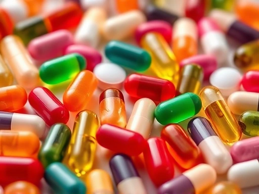 다양한 종류의 다채로운 건강 보조 식품 알약과 캡슐을 클로즈업한 사진으로, 세부 사항에 중점을 두고 따뜻한 색상을 사용하여 건강 및 웰빙과 관련된 감정을 고취합니다.