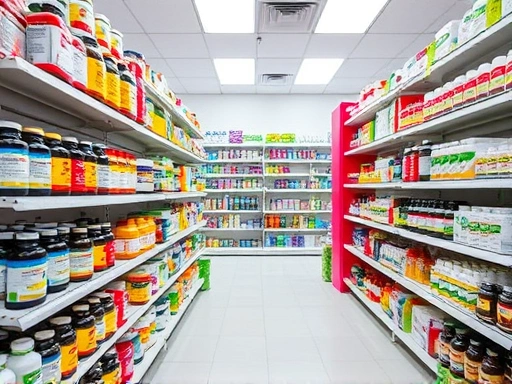 다양한 영양제가 진열된 약국, 밝은 조명과 전문적인 분위기