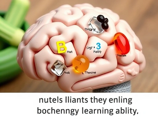 뇌 모형과 함께 오메가-3 지방산, 비타민 B군, L-테아닌 등의 영양 성분이 클로즈업된 이미지