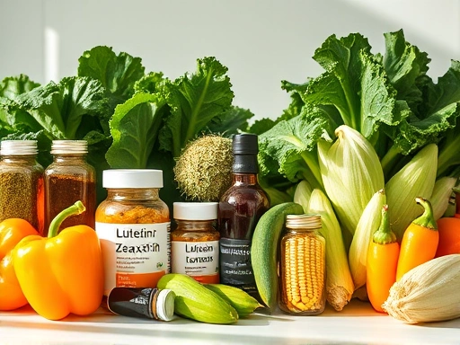 녹색과 노란색이 조화롭게 어우러진 신선한 채소들(시금치, 케일, 옥수수, 파프리카)이 테이블 위에 놓여있고, 그 옆으로는 루테인과 지아잔틴이 적힌 영양제 병이 함께 배치되어 있다.