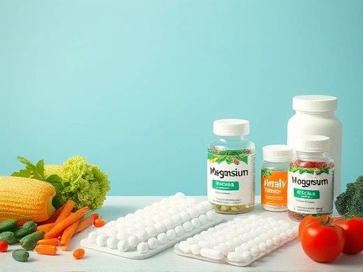 다양한 마그네슘 보충제와 영양소가 풍부한 식단이 있는 테이블 위에 마그네슘 보충제의 효능을 강조하는 밝고 건강한 분위기