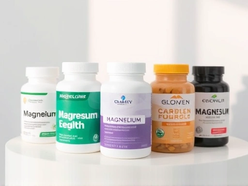 각각의 마그네슘 보충제가 클로즈업 되어있고, 마그네슘의 중요성과 건강에 미치는 긍정적 영향을 강조하는 부드러운 조명의 상세 이미지