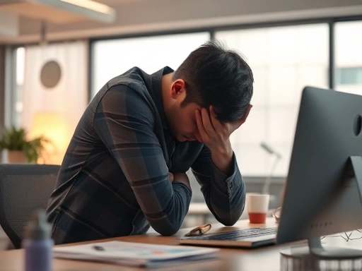 밝은 햇살이 비치는 사무실, 피곤한 표정의 직장인이 책상에 엎드려 있다.