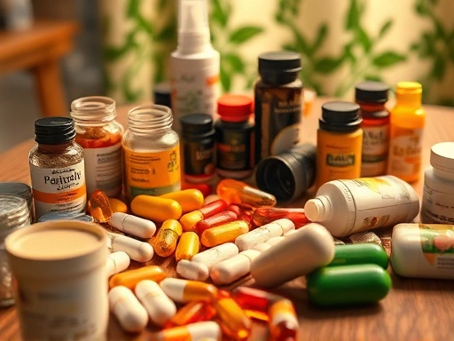 다양한 종류의 보충제가 놓여있는 테이블, 클로즈업 샷으로 각 보충제의 특징을 보여준다.