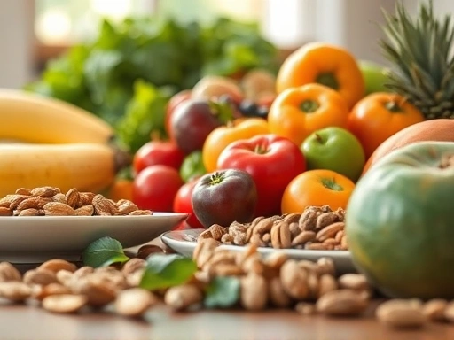 신선한 과일, 채소, 견과류가 담긴 식탁 클로즈업, 밝고 따뜻한 조명으로 건강하고 활기찬 느낌을 강조합니다.