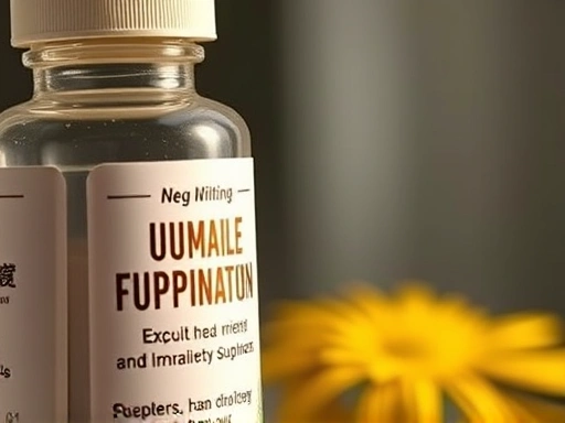 영양제 통을 클로즈업하여 보여주면서 면역력 강화에 대한 기대감을 나타내는 모습