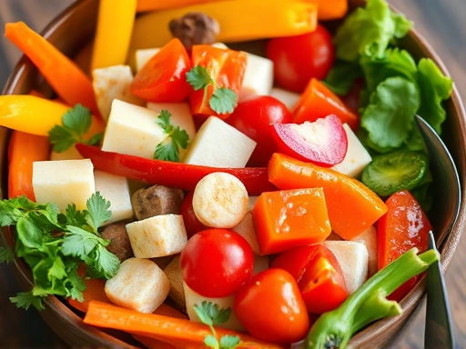 클로즈업 샷으로 건강한 식단이 담긴 그릇을 보여주며, 다채로운 색상의 채소와 과일이 신선하고 영양가 높음을 강조하는 이미지