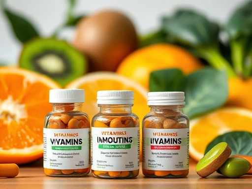 면역력에 좋은 비타민과 미네랄이 담긴 작은 보충제 병들이 클로즈업된 모습