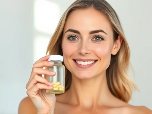밝은 조명 아래, 건강한 피부를 가진 여성이 보충제를 들고 있는 모습