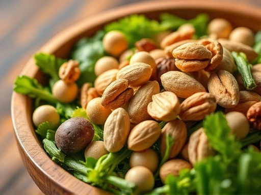 클로즈업 샷, 푸른 채소와 견과류가 담긴 나무 그릇, 따뜻한 자연광, 건강하고 활기찬 느낌 강조