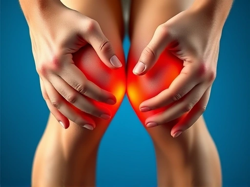 무릎을 잡고 있는 손, 푸른색 배경, 무릎 연골의 중요성을 강조하는 따뜻하고 편안한 분위기