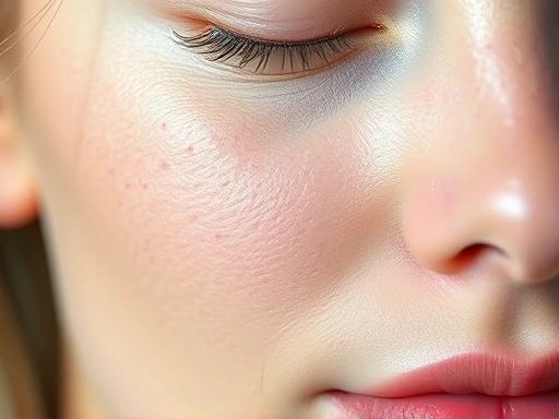 기미와 잡티 없이 맑고 투명한 피부를 클로즈업하여 보여주는 미백 보충제 광고 이미지