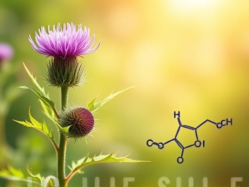 간 보호를 상징하는 밀크씨슬 식물과 실리마린 분자 구조가 조화롭게 배치된 이미지