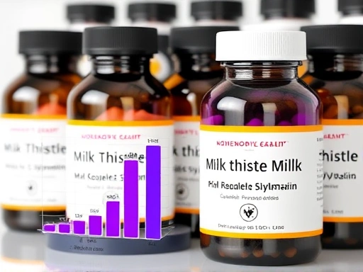다양한 밀크씨슬 보충제 병들이 진열된 모습