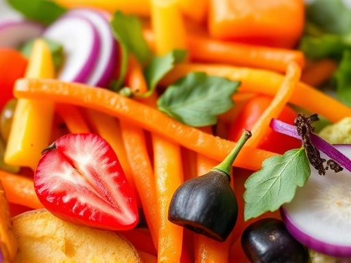 영양 가득한 식단을 보여주는 클로즈업 사진으로, 다채로운 색감과 밝은 조명을 사용하여 건강하고 활기찬 느낌을 강조합니다.