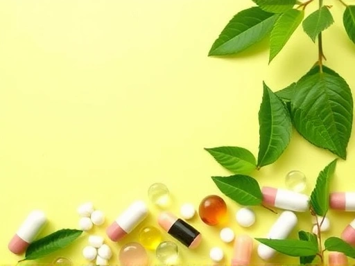 다양한 보충제 알약과 녹차 잎이 있는 밝은 배경, 건강한 라이프스타일과 체중 관리를 위한 제품 선택을 강조하는 시각적 스토리텔링을 제공하는 첫 번째 이미지