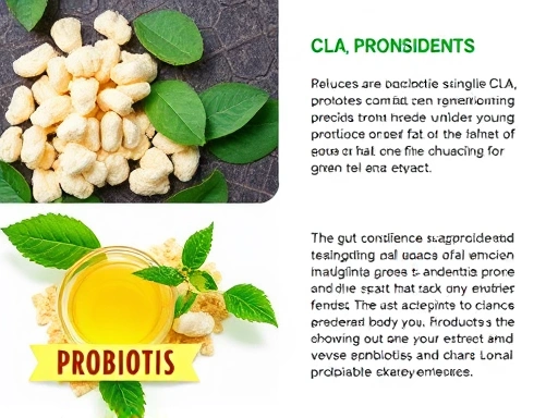 CLA, 프로바이오틱스, 녹차 추출물이 놓여 있고 세부적인 질감과 색상을 강조, 체지방 감소, 장 건강 개선과 같은 주요 이점을 나타내는 상징적인 요소, 제품 효능에 대한 신뢰감을 높이는 두 번째 이미지
