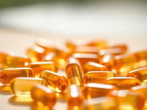 접사 촬영으로 강조된 베타글루칸 보충제 캡슐, 부드러운 자연광 아래 면역력 강화에 대한 따뜻하고 건강한 느낌을 표현합니다.