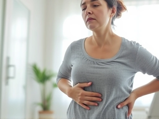 밝은 실내, 소화기 질환을 앓고 있는 듯한 여성이 복부 통증을 느끼며 괴로워하는 모습