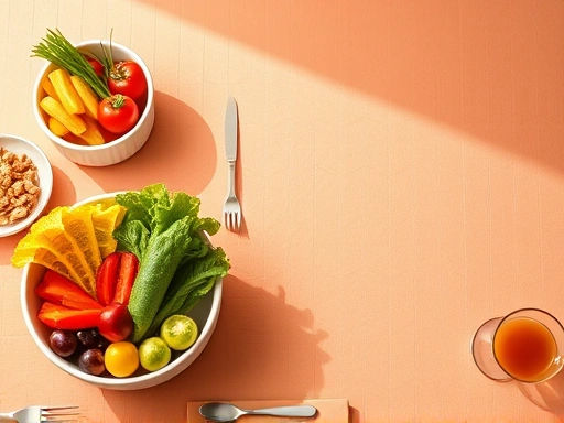 따뜻한 색감, 건강한 식단을 상징하는 신선한 채소와 과일이 담긴 그릇, 식습관 개선을 통한 건강 관리의 중요성을 강조하는 상징적 이미지