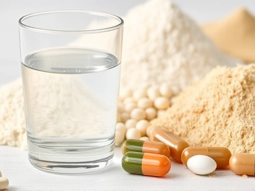 물 한 잔 옆에 놓인 여러 종류의 식이섬유 보충제 파우더와 캡슐 클로즈업.