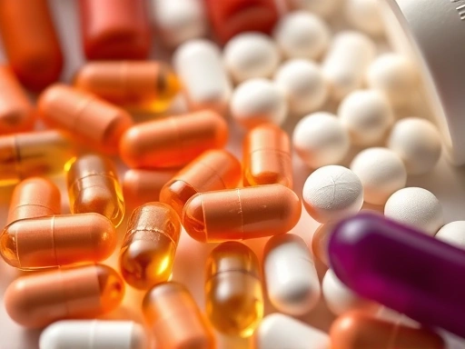 다양한 소화제 알약과 캡슐 클로즈업, 밝은 스튜디오 조명으로 안정적인 해결책을 제시하는 전문적인 이미지