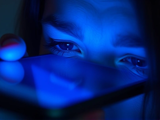 푸른 빛이 감도는 스마트폰 화면을 클로즈업하여 보여주며, 눈이 피로하고 건조한 느낌을 시각적으로 전달합니다.