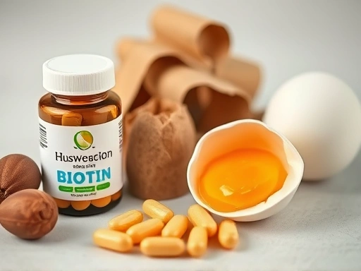 비오틴 알약과 비오틴이 풍부한 식품(견과류, 계란)을 함께 배치하여 촬영한 이미지