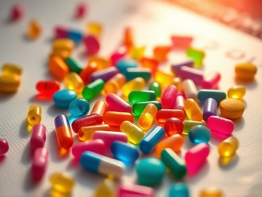 다채로운 색상의 비타민 B군 알약들이 테이블 위에 흩뿌려져 있는 모습