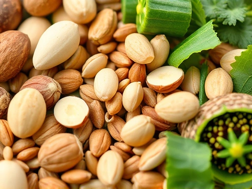 비타민 B군이 풍부한 다양한 음식(견과류, 녹색 채소, 통곡물 등)이 클로즈업된 이미지