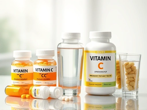 다양한 종류의 비타민C 보충제(아스코르브산, 중성 비타민C, 리포좀 비타민C 등)가 깔끔하게 정돈된 테이블 위에 놓여 있고, 그 옆에는 물 한 잔이 함께 있다.