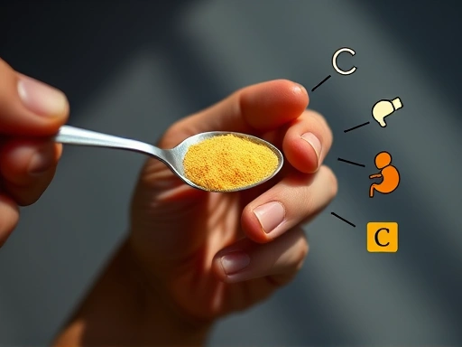 고용량 비타민C 복용을 시작하려는 사람의 손이 비타민C 분말이 담긴 스푼을 들고 있고, 그 옆에는 비타민C 복용 시 주의해야 할 사항들을 나타내는 작은 경고 아이콘(예: 신장, 위)이 섬세하게 그려져 있다.