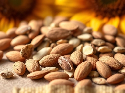 테이블 위에 놓인 아몬드와 해바라기씨 클로즈업, 부드러운 자연광 아래 따뜻하고 건강한 느낌을 주는 고화질 이미지