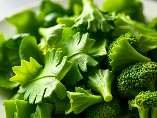 녹색 채소(시금치, 브로콜리)가 담긴 접시의 근접 촬영, 밝은 조명 아래 신선하고 건강한 느낌을 강조하는 생생한 이미지