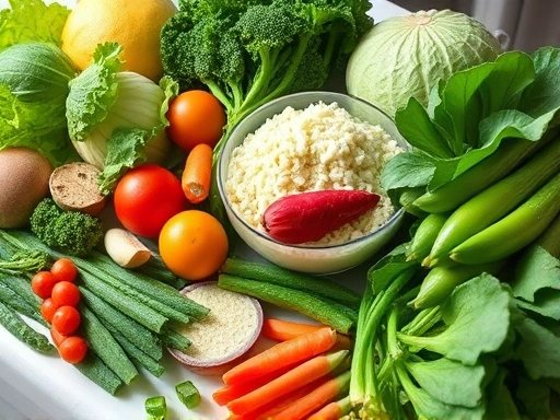 신선한 녹색 잎채소와 발효 식품이 놓여 있는 식탁 위 비타민 K가 풍부한 음식, 자연광과 생생한 색상으로 건강한 식단을 강조하는 이미지