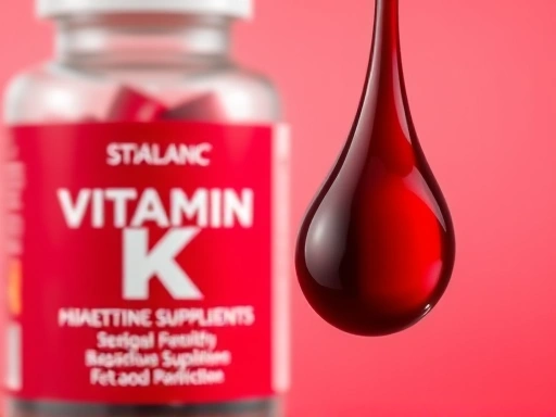 비타민 K 보충제 병과 혈액 방울이 클로즈업된 이미지