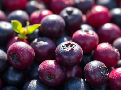 빌베리 열매 클로즈업, 생생한 보라색과 푸른색 색감, 햇빛이 부드럽게 비치는 장면