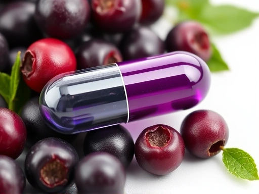 빌베리 안토시아닌 캡슐과 빌베리 열매 함께 배치, 캡슐의 정밀한 디테일과 열매의 신선함 대비, 건강과 웰빙 콘셉트 강조