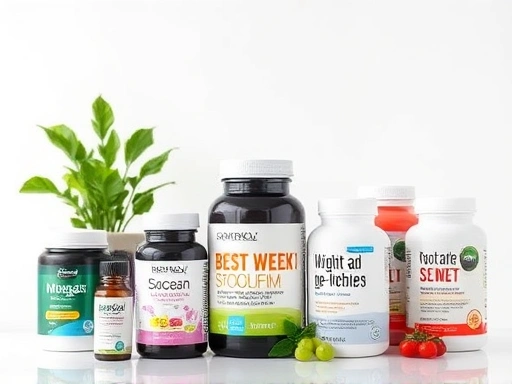 다양한 체중 감량 보조제의 전경을 보여주는 고품질 제품 촬영, 밝고 균형 잡힌 조명, 건강과 웰빙을 강조하는 자연스러운 색상 팔레트.