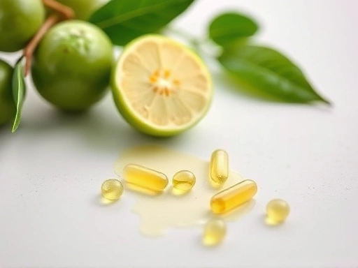 보조제의 주요 성분인 가르시니아, 녹차 추출물, L-카르니틴을 클로즈업하여 보여주는 섬세한 정물 사진, 부드럽고 확산된 조명으로 질감과 디테일을 강조하고 신뢰감을 주는 차분한 분위기