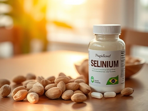 테이블 위에 브라질너트와 셀레늄 보충제가 놓여 있고, 따뜻한 자연광이 비추는 장면