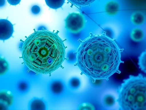 현미경으로 세포를 확대하여 보여주는 이미지