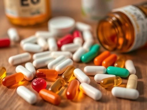 식탁 위에 놓인 다양한 종류의 알약과 캡슐을 클로즈업하여 보여주는 이미지