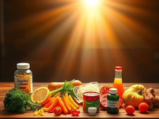 {다양한 소화 효소 종류가 담긴 테이블 위에 빛이 쏟아지는 이미지