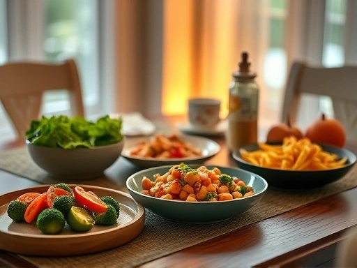 편안한 밤을 위해 식탁에 오를 영양 가득한 음식, 부드러운 조명 아래 차분한 분위기