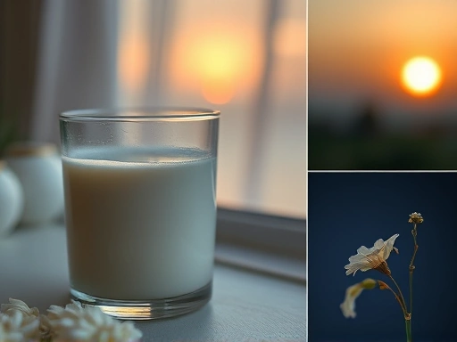 깊은 잠을 상징하는 따뜻한 우유 한 잔, 새벽의 고요함을 담은 클로즈업, 평화롭고 안정된 감정을 불러일으키는 섬세한 묘사