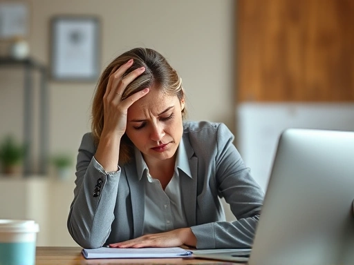 여성이 책상에 앉아 머리를 감싸 쥐고 있는 모습