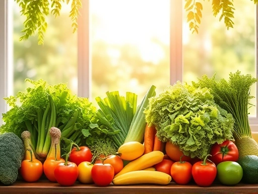 밝은 햇살 아래 녹색 채소가 가득한 식탁, 신선한 과일과 함께 눈 건강을 상징하는 활기찬 분위기