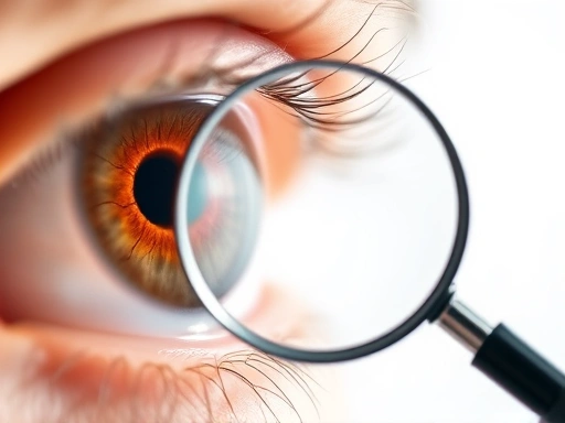 돋보기로 눈을 클로즈업하여 망막과 혈관을 세밀하게 보여주며, 건강한 눈의 중요성을 강조하는 두 번째 이미지